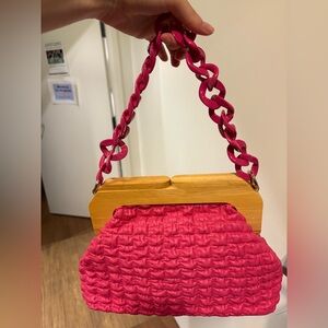 Pink Woven Handbag with Wooden Handle